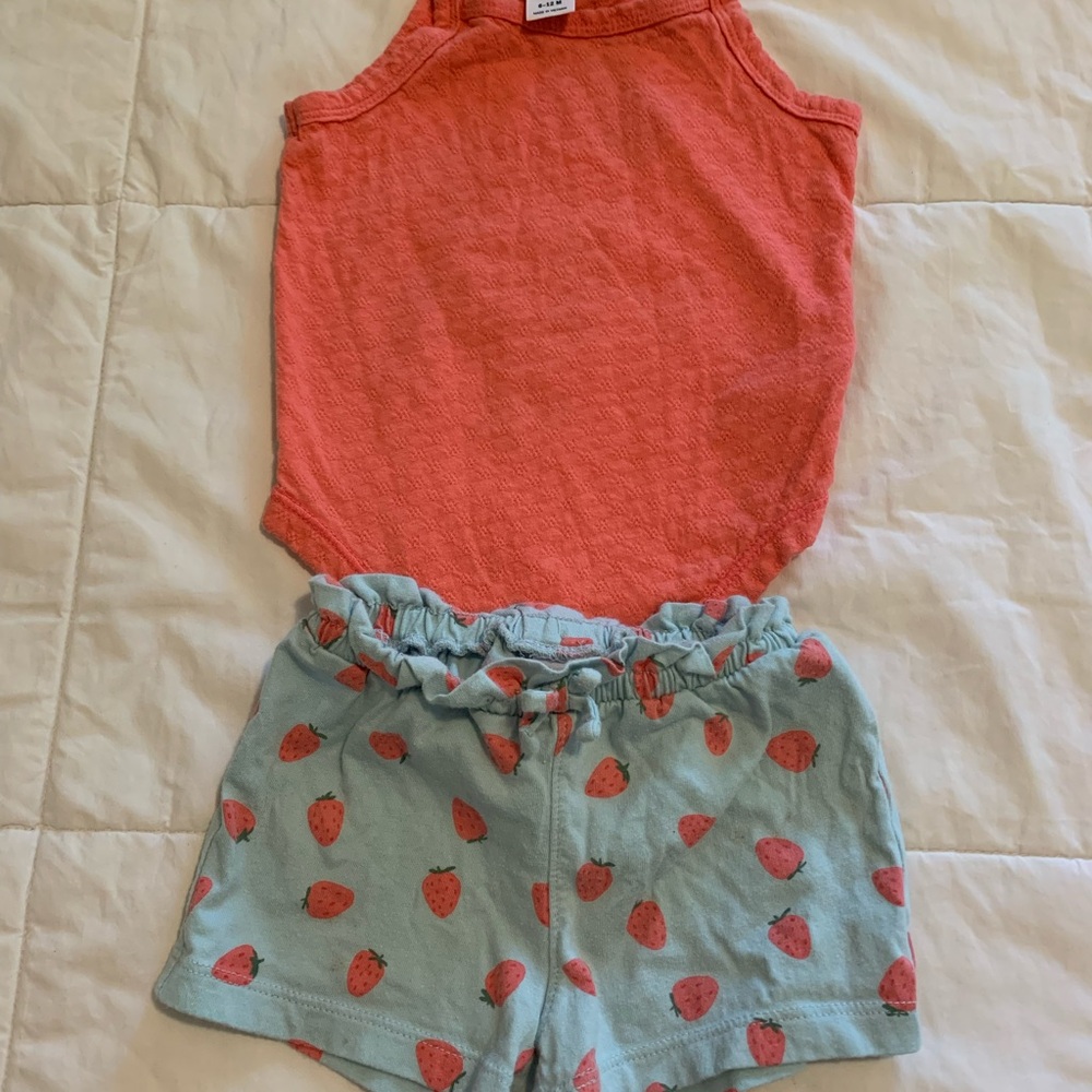 Old Navy Coral Tank & Light Blue Strawberry Print Shorts Set
